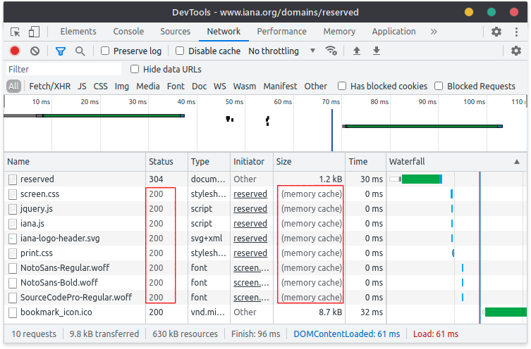 Screenshot of Chrome DevTools showing cached responses.