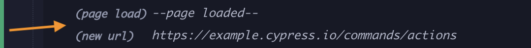 Command log shows 'Page load --page loaded--' and 'New url https://example.cypress.io/'